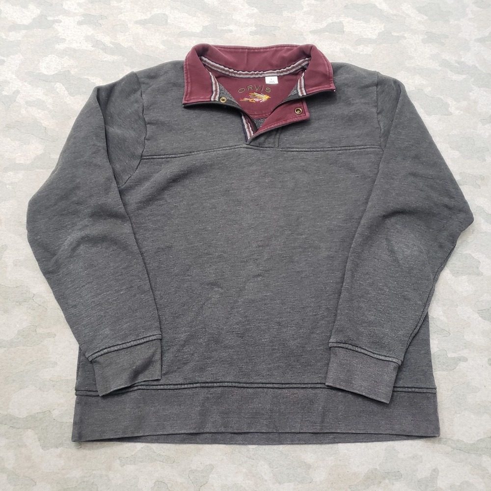 Orvis Sweatshirt Mens Large Gray Quarter Snap Pullover Mock Neck Outdoor